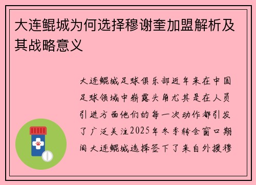 大连鲲城为何选择穆谢奎加盟解析及其战略意义